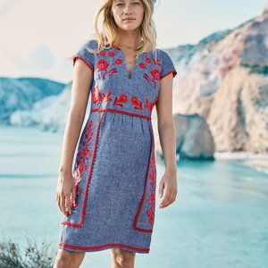 Boden Bea Linen Embroidered Dress Chambray